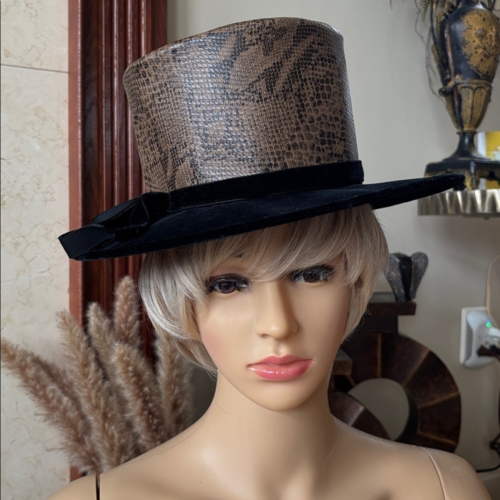 Vintage Rafield Steampunk Topper Hat Black Velvet Snakeskin Victorian Top Hat